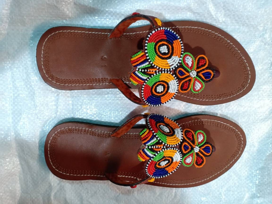 Handmade African Beaded Sandals/Authentic Maasai-Style Leather Flip-Flops Women/Boho Beach Sandals/Comfortable Summer Sandal African Gifts