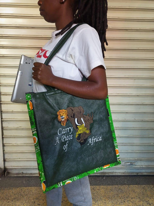 Carry a piece of Africa tote bag Leather Tote bag, handcrafted laptop bag,Black woman modern African tote bag,Stylish tote bag, mother's bag