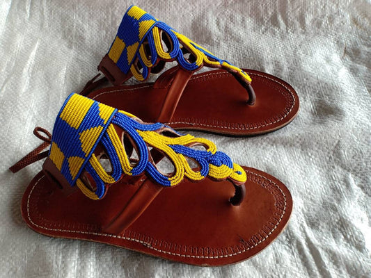 Handmade African Beaded Sandals/Authentic Maasai-Style Leather Flip-Flops Women/Boho Beach Sandals/Comfortable Summer Sandal African Gifts