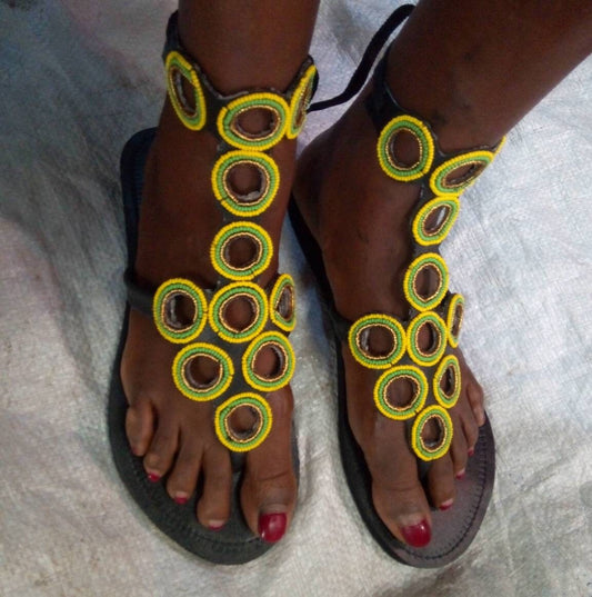 Handmade African Beaded Sandals/Authentic Maasai-Style Leather Flip-Flops Women/Boho Beach Sandals/Comfortable Summer Sandal African Gifts
