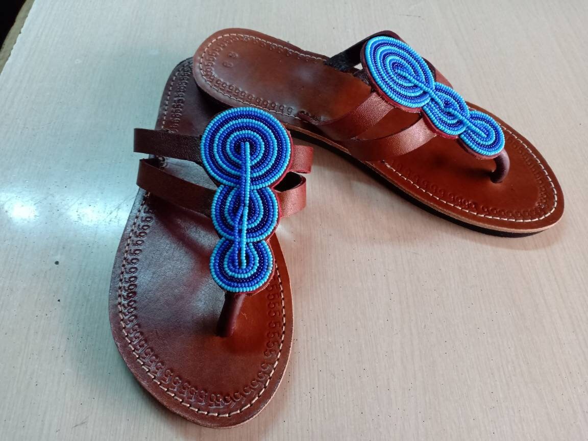 Handmade African Beaded Sandals/Authentic Maasai-Style Leather Flip-Flops Women/Boho Beach Sandals/Comfortable Summer Sandal African Gifts