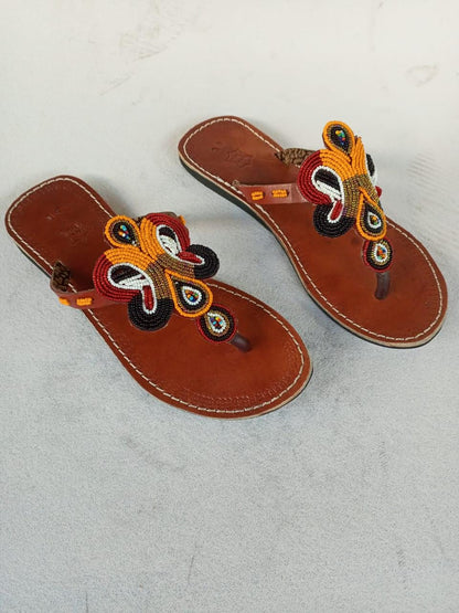 Handmade African Beaded Sandals/Authentic Maasai-Style Leather Flip-Flops Women/Boho Beach Sandals/Comfortable Summer Sandal African Gifts