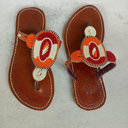 Handmade African Beaded Sandals/Authentic Maasai-Style Leather Flip-Flops Women/Boho Beach Sandals/Comfortable Summer Sandal African Gifts