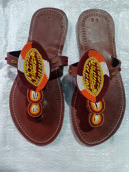 Handmade African Beaded Sandals/Authentic Maasai-Style Leather Flip-Flops Women/Boho Beach Sandals/Comfortable Summer Sandal African Gifts