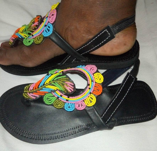 Handmade African Beaded Sandals/Authentic Maasai-Style Leather Flip-Flops Women/Boho Beach Sandals/Comfortable Summer Sandal African Gifts