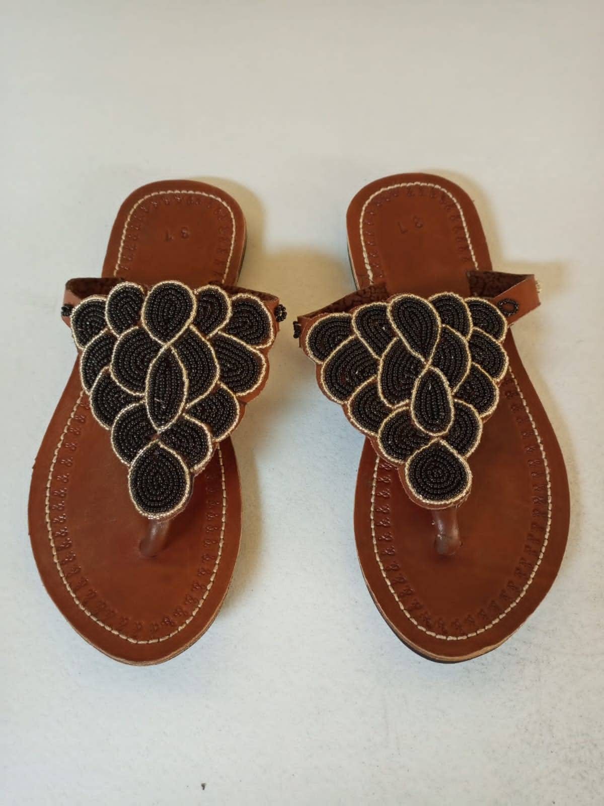 Handmade African Beaded Sandals/Authentic Maasai-Style Leather Flip-Flops Women/Boho Beach Sandals/Comfortable Summer Sandal African Gifts