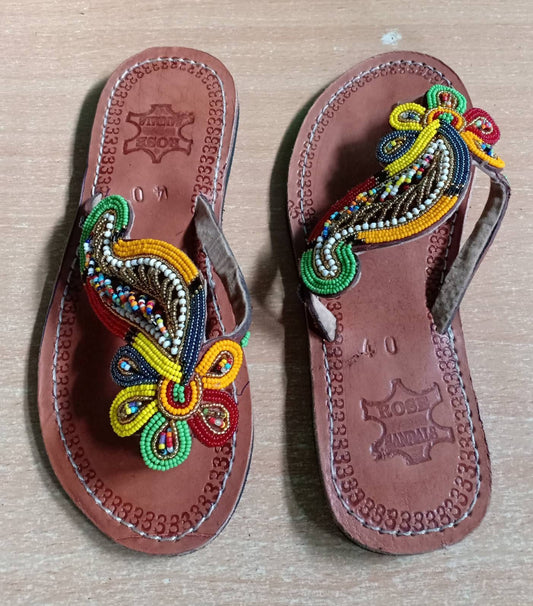 Handmade African Beaded Sandals/Authentic Maasai-Style Leather Flip-Flops Women/Boho Beach Sandals/Comfortable Summer Sandal African Gifts