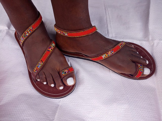 Handmade African Beaded Sandals/Authentic Maasai-Style Leather Flip-Flops Women/Boho Beach Sandals/Comfortable Summer Sandal African Gifts