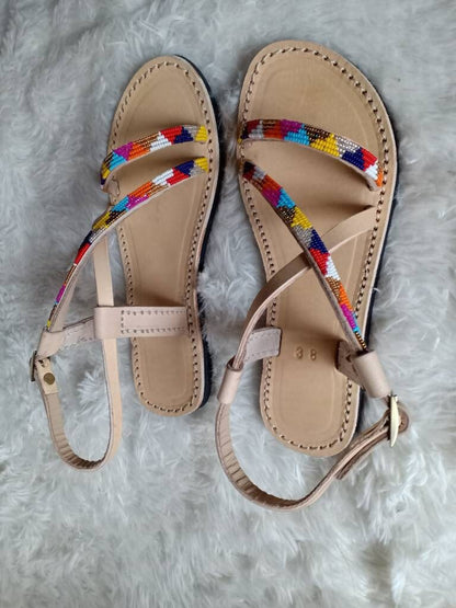 Handmade African Beaded Sandals/Authentic Maasai-Style Leather Flip-Flops Women/Boho Beach Sandals/Comfortable Summer Sandal African Gifts