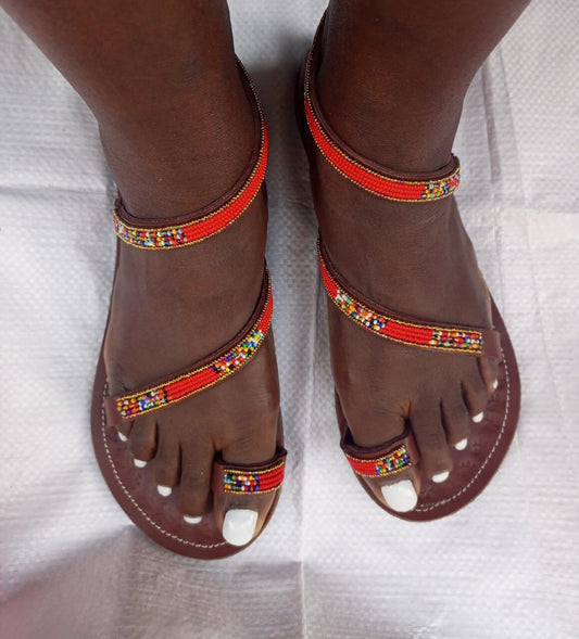 Handmade African Beaded Sandals/Authentic Maasai-Style Leather Flip-Flops Women/Boho Beach Sandals/Comfortable Summer Sandal African Gifts