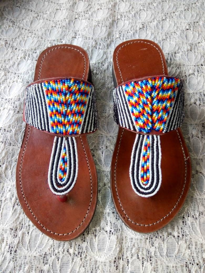 Handmade African Beaded Sandals/Authentic Maasai-Style Leather Flip-Flops Women/Boho Beach Sandals/Comfortable Summer Sandal African Gifts