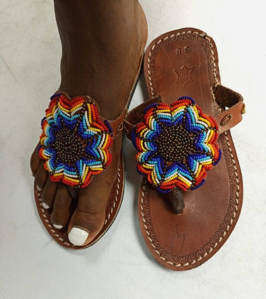 Handmade African Beaded Sandals/Authentic Maasai-Style Leather Flip-Flops Women/Boho Beach Sandals/Comfortable Summer Sandal African Gifts