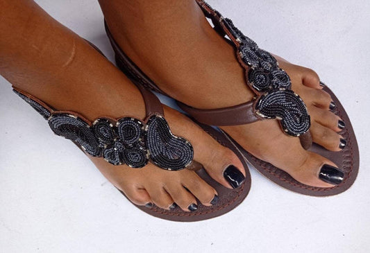 Handmade African Beaded Sandals/Authentic Maasai-Style Leather Flip-Flops Women/Boho Beach Sandals/Comfortable Summer Sandal African Gifts