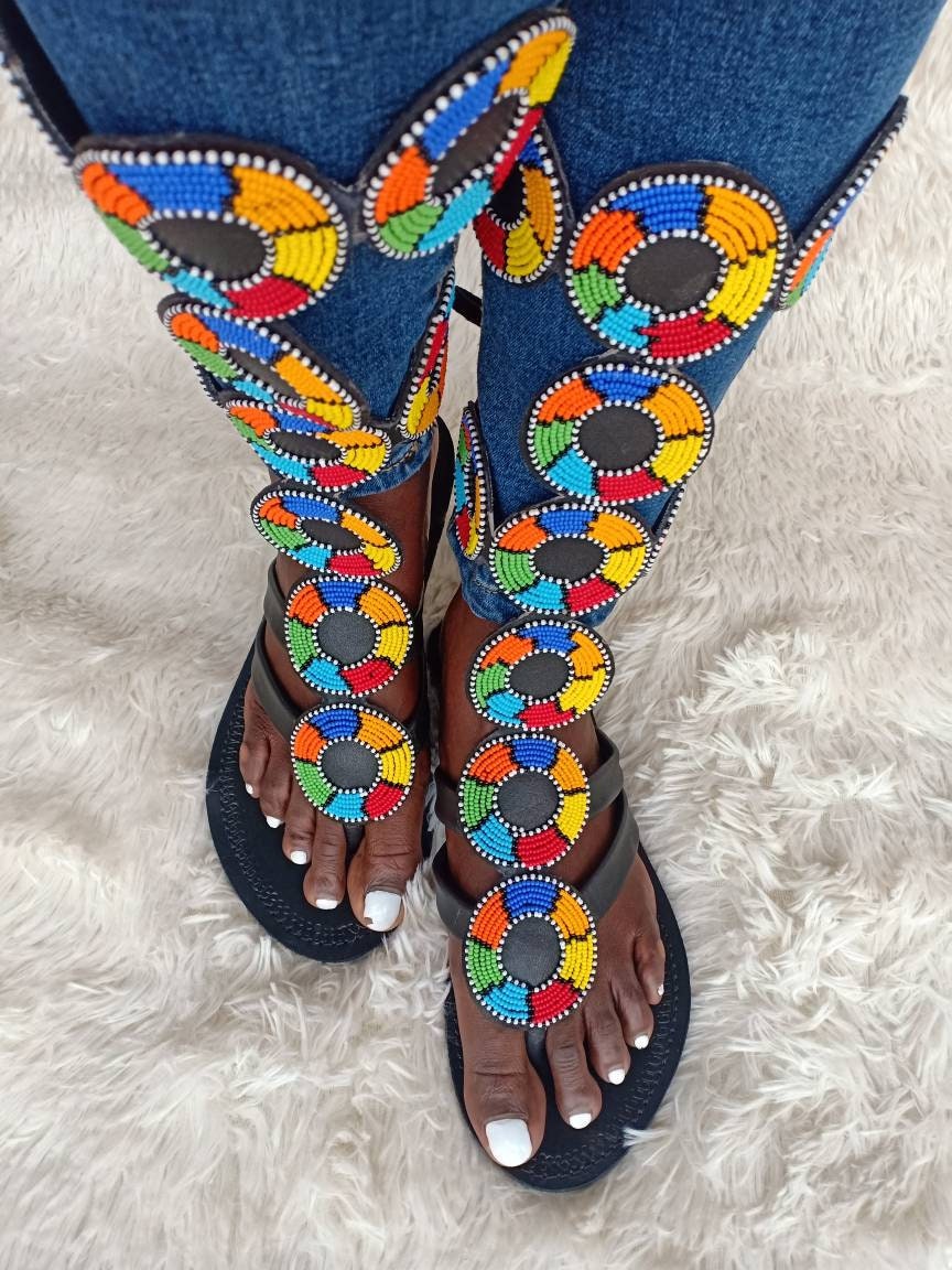 Handmade African Beaded Sandals/Authentic Maasai-Style Leather Flip-Flops Women/Boho Beach Sandals/Comfortable Summer Sandal African Gifts