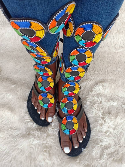 Handmade African Beaded Sandals/Authentic Maasai-Style Leather Flip-Flops Women/Boho Beach Sandals/Comfortable Summer Sandal African Gifts