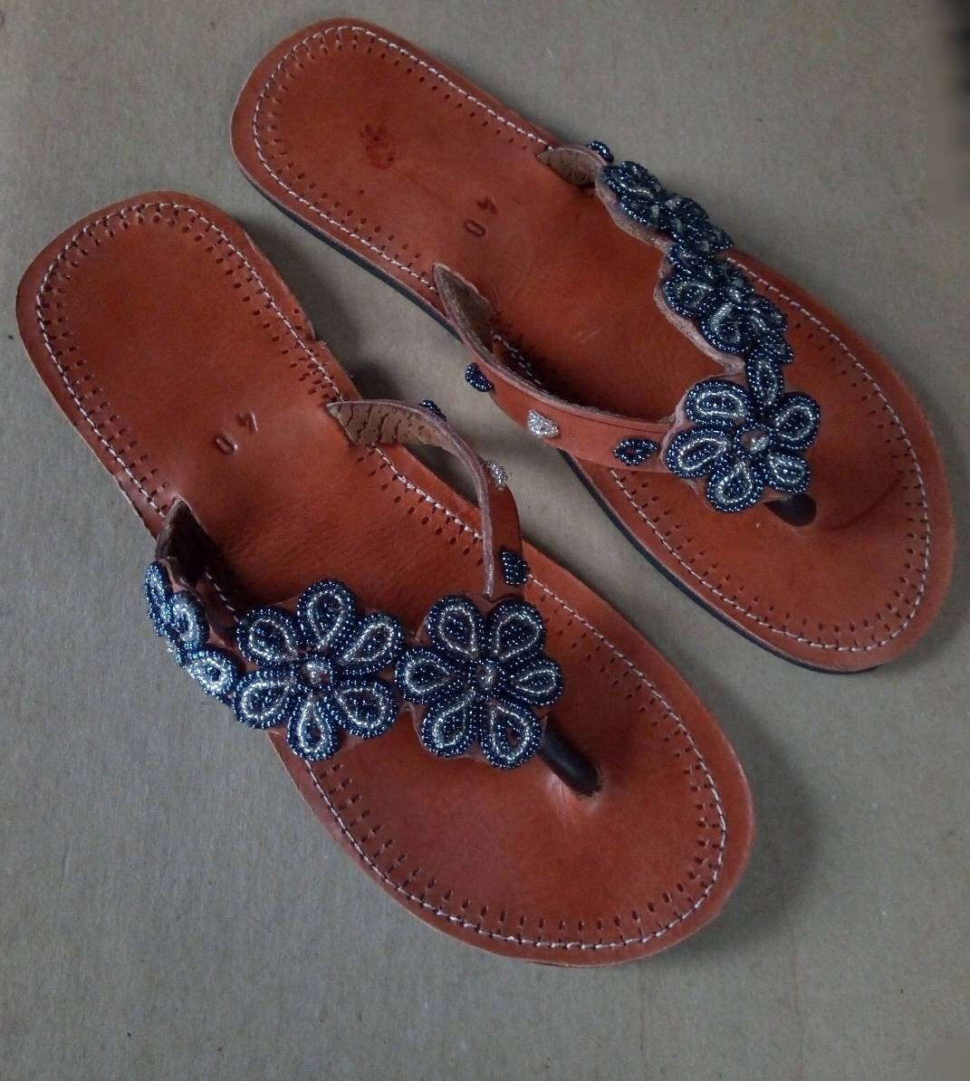 Handmade African Beaded Sandals/Authentic Maasai-Style Leather Flip-Flops Women/Boho Beach Sandals/Comfortable Summer Sandal African Gifts