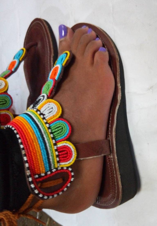 Handmade African Beaded Sandals/Authentic Maasai-Style Leather Flip-Flops Women/Boho Beach Sandals/Comfortable Summer Sandal African Gifts