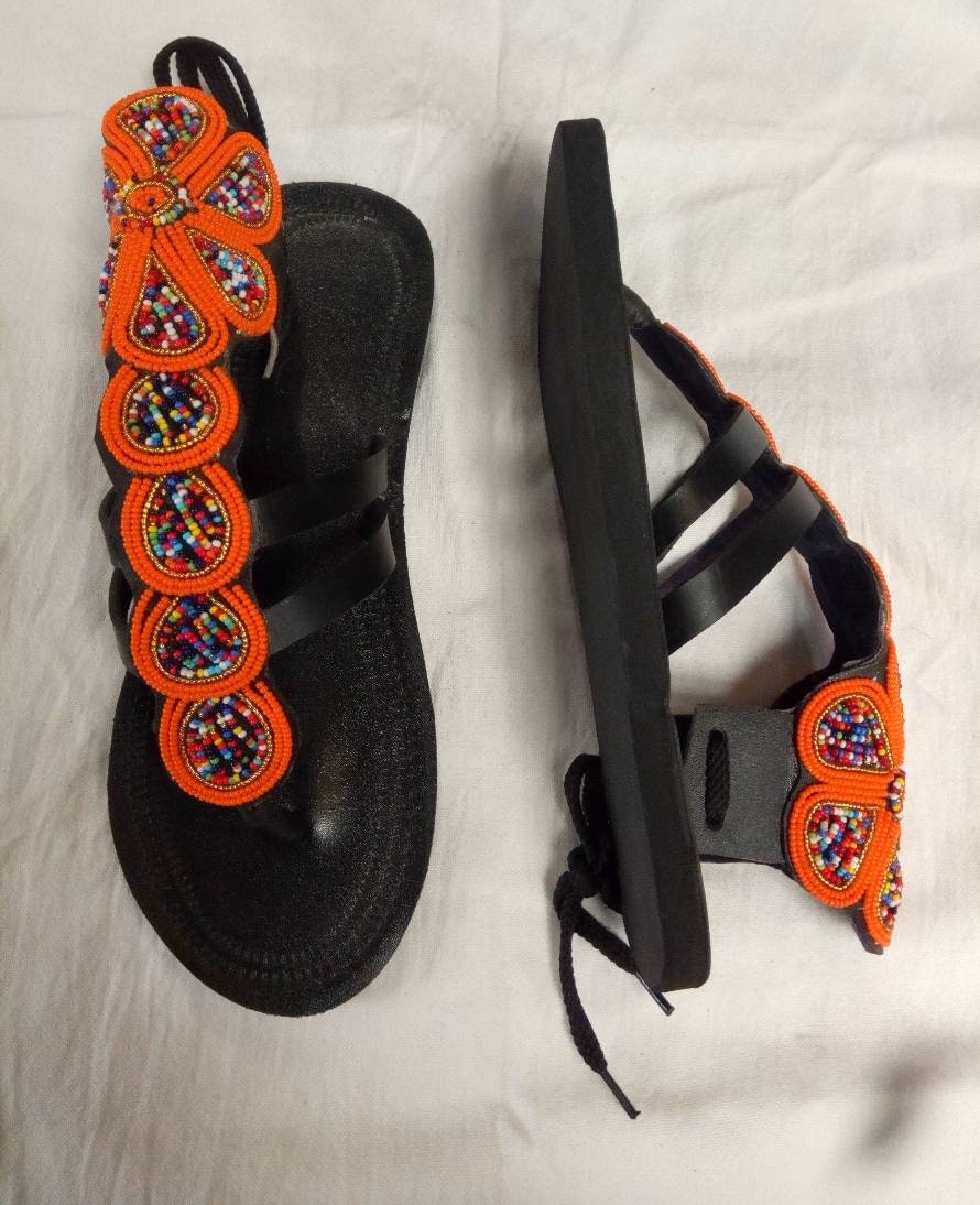 Handmade African Beaded Sandals/Authentic Maasai-Style Leather Flip-Flops Women/Boho Beach Sandals/Comfortable Summer Sandal African Gifts
