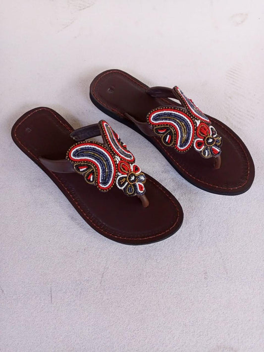 Handmade African Beaded Sandals/Authentic Maasai-Style Leather Flip-Flops Women/Boho Beach Sandals/Comfortable Summer Sandal African Gifts