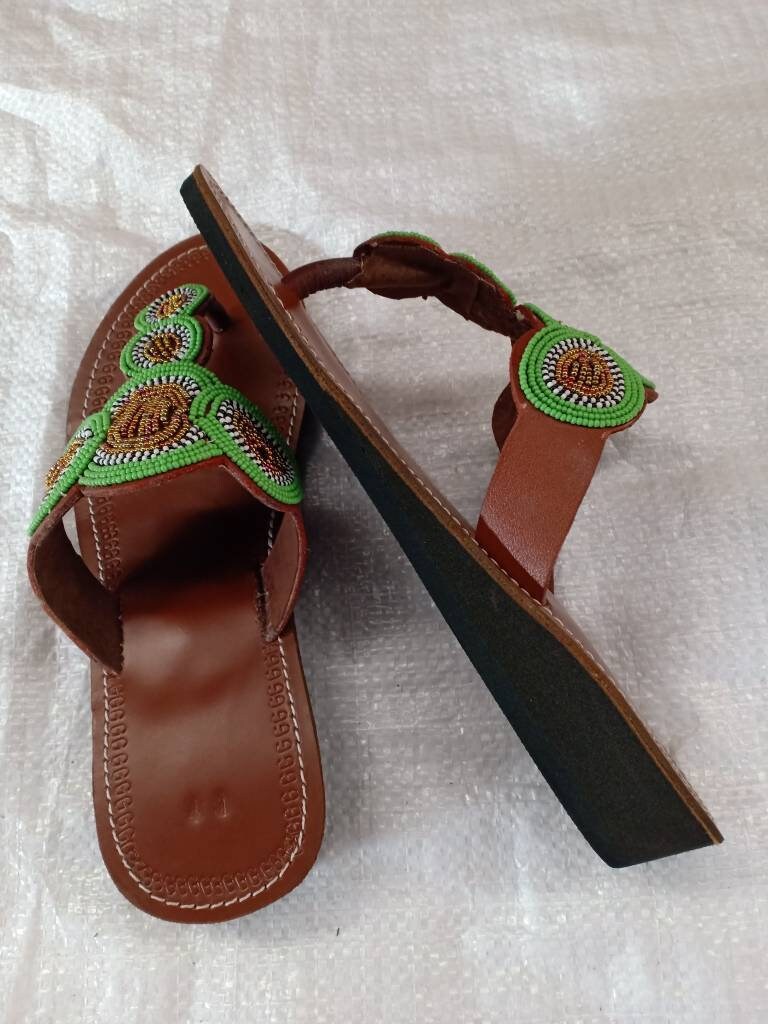 Handmade African Beaded Sandals/Authentic Maasai-Style Leather Flip-Flops Women/Boho Beach Sandals/Comfortable Summer Sandal African Gifts
