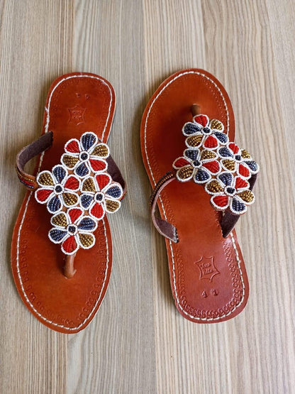 Handmade African Beaded Sandals/Authentic Maasai-Style Leather Flip-Flops Women/Boho Beach Sandals/Comfortable Summer Sandal African Gifts