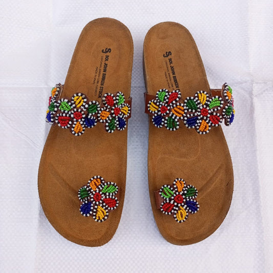 Handmade African Beaded Sandals/Authentic Maasai-Style Leather Flip-Flops Women/Boho Beach Sandals/Comfortable Summer Sandal African Gifts