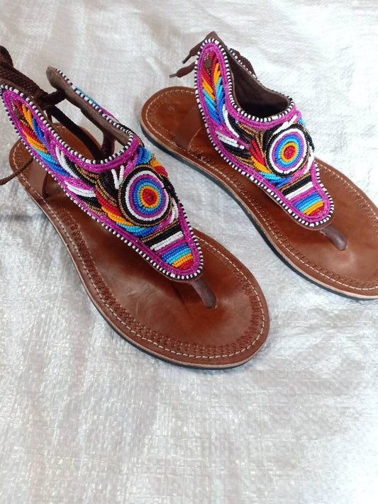 Handmade African Beaded Sandals/Authentic Maasai-Style Leather Flip-Flops Women/Boho Beach Sandals/Comfortable Summer Sandal African Gifts