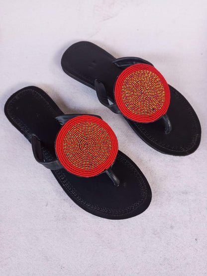 Handmade African Beaded Sandals/Authentic Maasai-Style Leather Flip-Flops Women/Boho Beach Sandals/Comfortable Summer Sandal African Gifts