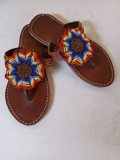 Handmade African Beaded Sandals/Authentic Maasai-Style Leather Flip-Flops Women/Boho Beach Sandals/Comfortable Summer Sandal African Gifts