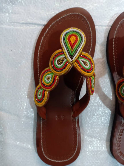 Handmade African Beaded Sandals/Authentic Maasai-Style Leather Flip-Flops Women/Boho Beach Sandals/Comfortable Summer Sandal African Gifts