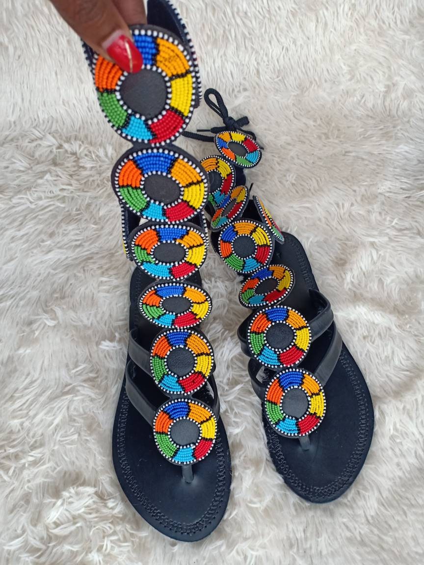 Handmade African Beaded Sandals/Authentic Maasai-Style Leather Flip-Flops Women/Boho Beach Sandals/Comfortable Summer Sandal African Gifts