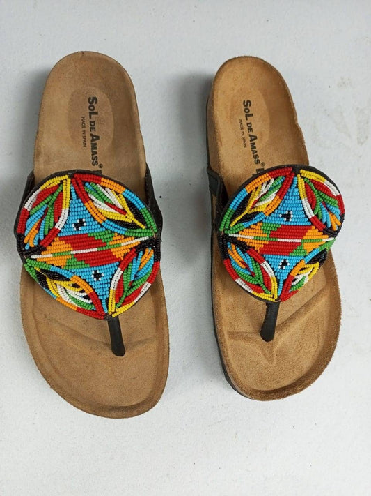 Handmade African Beaded Sandals/Authentic Maasai-Style Leather Flip-Flops Women/Boho Beach Sandals/Comfortable Summer Sandal African Gifts