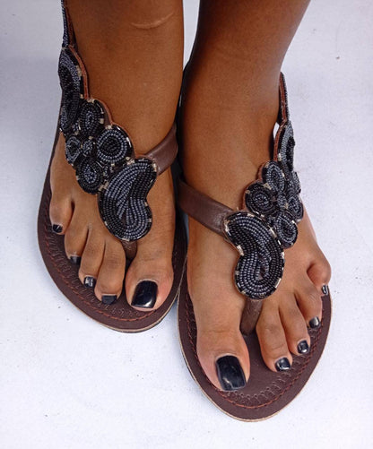 Handmade African Beaded Sandals/Authentic Maasai-Style Leather Flip-Flops Women/Boho Beach Sandals/Comfortable Summer Sandal African Gifts