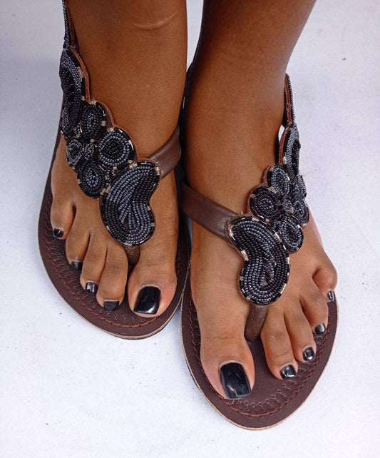 Handmade African Beaded Sandals/Authentic Maasai-Style Leather Flip-Flops Women/Boho Beach Sandals/Comfortable Summer Sandal African Gifts