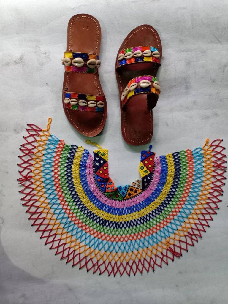 Handmade African Beaded Sandals/Authentic Maasai-Style Leather Flip-Flops Women/Boho Beach Sandals/Comfortable Summer Sandal African Gifts
