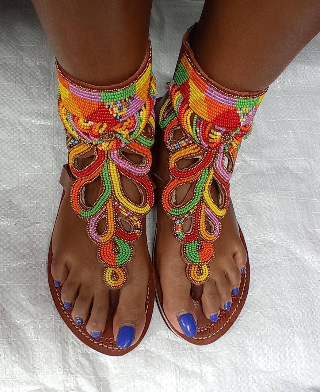 Handmade African Beaded Sandals/Authentic Maasai-Style Leather Flip-Flops Women/Boho Beach Sandals/Comfortable Summer Sandal African Gifts