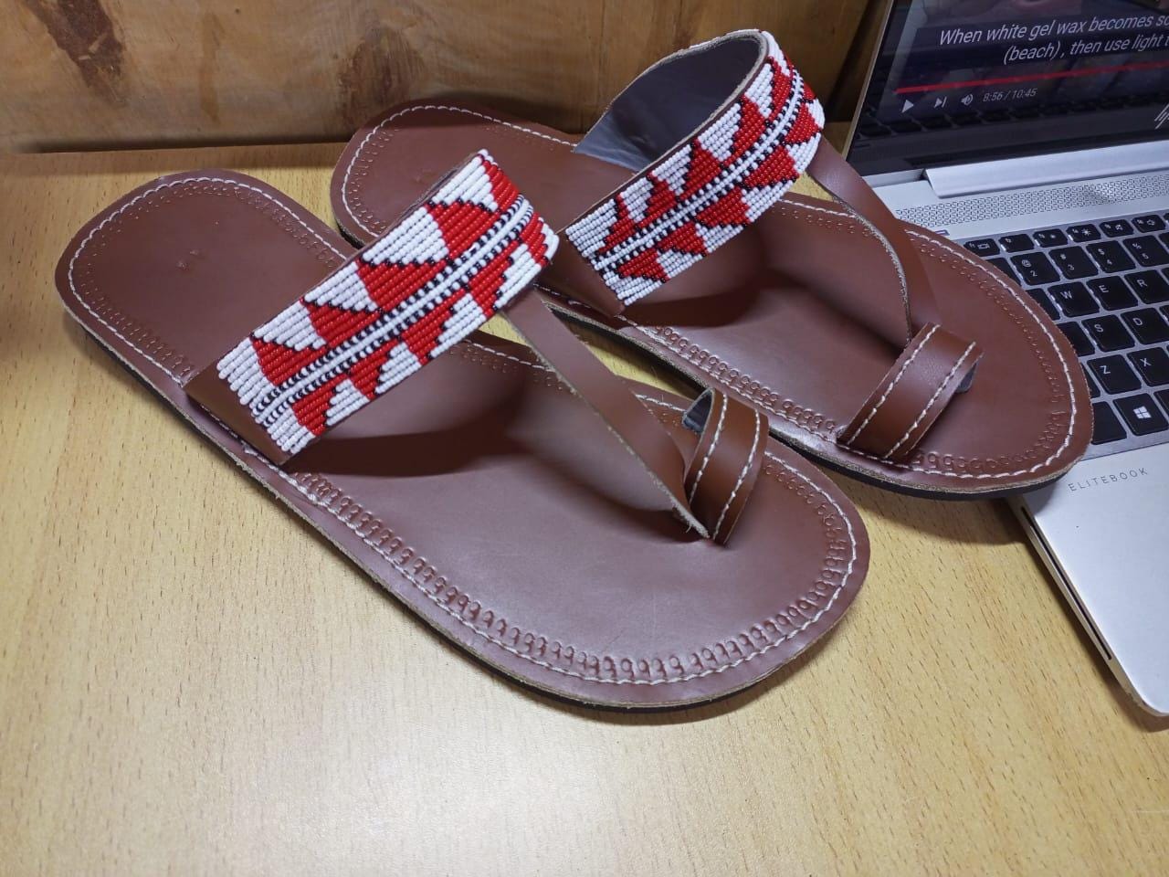 Handmade African Men's Sandals/Genuine Leather Beaded Flip-Flops/Comfortable Summer Sandals for Men/African Shoes/Unique Gift for Him