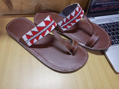 Handmade African Men's Sandals/Genuine Leather Beaded Flip-Flops/Comfortable Summer Sandals for Men/African Shoes/Unique Gift for Him