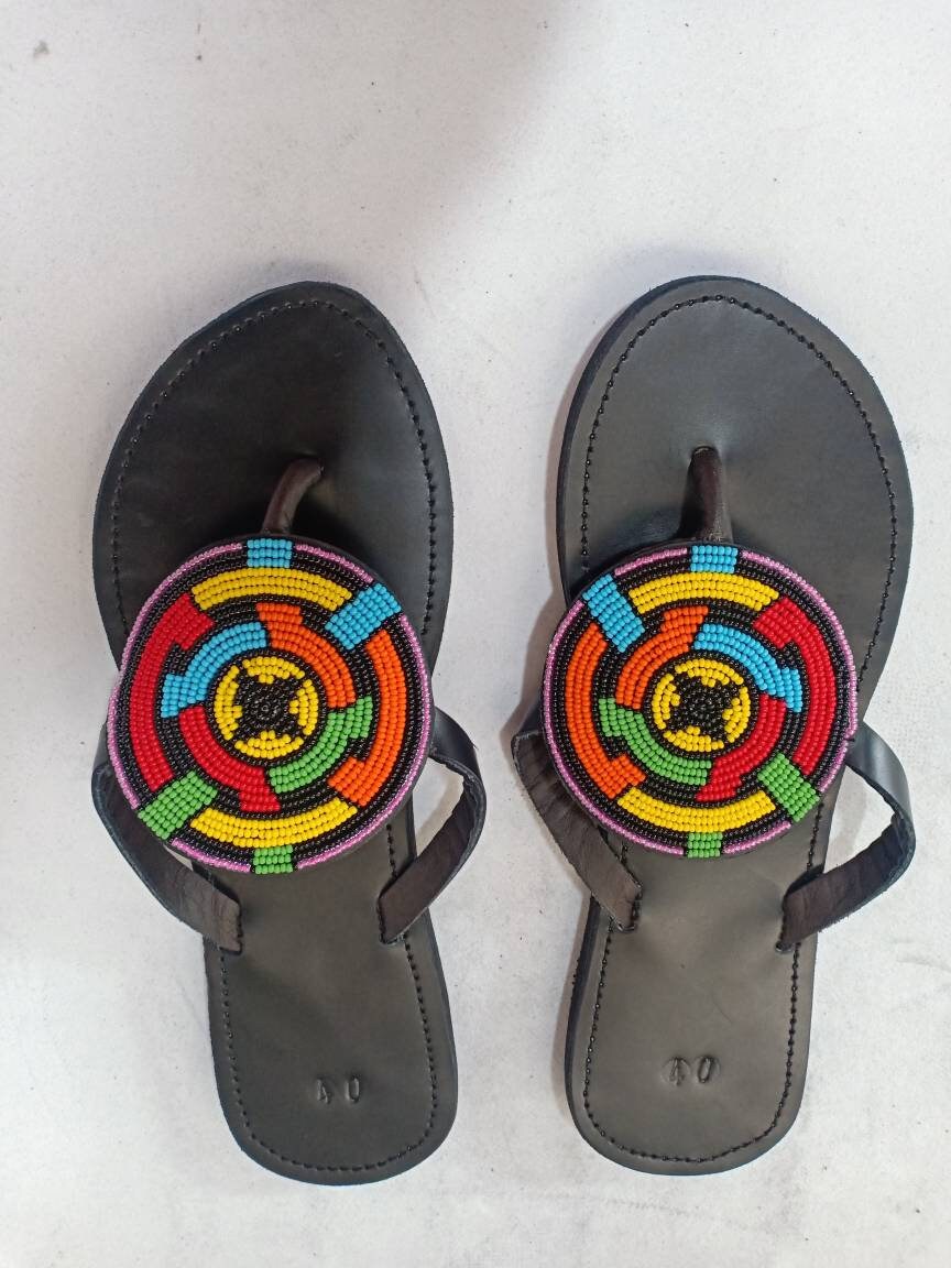 Handmade African Beaded Sandals/Authentic Maasai-Style Leather Flip-Flops Women/Boho Beach Sandals/Comfortable Summer Sandal African Gifts