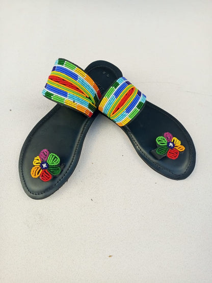 Handmade African Beaded Sandals/Authentic Maasai-Style Leather Flip-Flops Women/Boho Beach Sandals/Comfortable Summer Sandal African Gifts