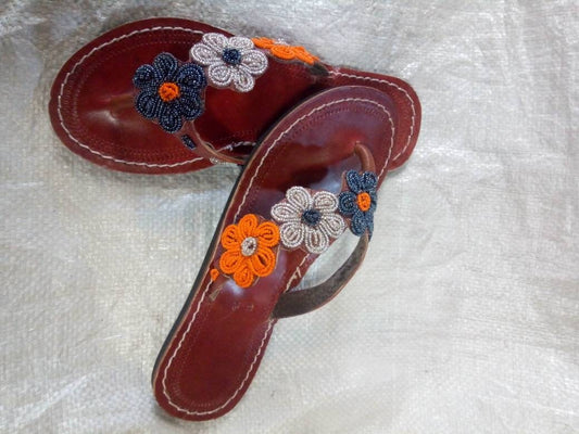 Handmade African Beaded Sandals/Authentic Maasai-Style Leather Flip-Flops Women/Boho Beach Sandals/Comfortable Summer Sandal African Gifts