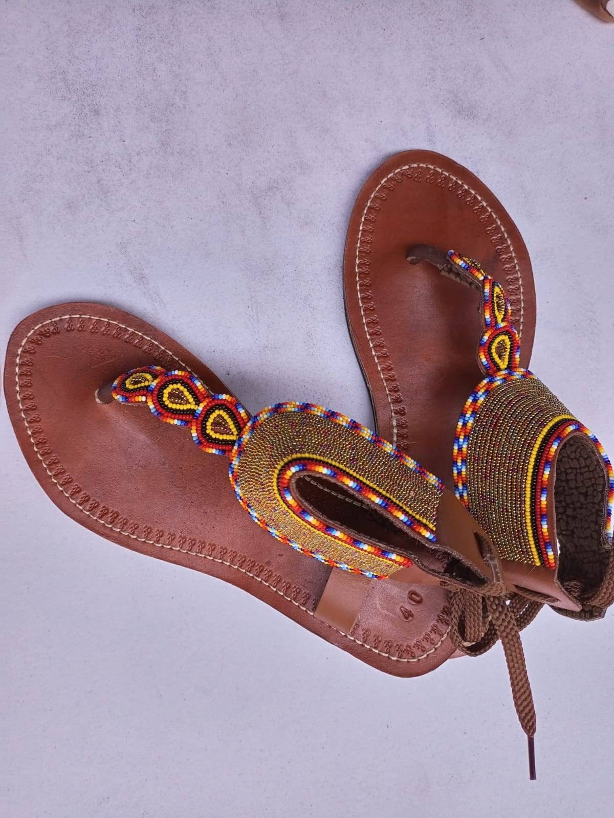 Handmade African Beaded Sandals/Authentic Maasai-Style Leather Flip-Flops Women/Boho Beach Sandals/Comfortable Summer Sandal African Gifts