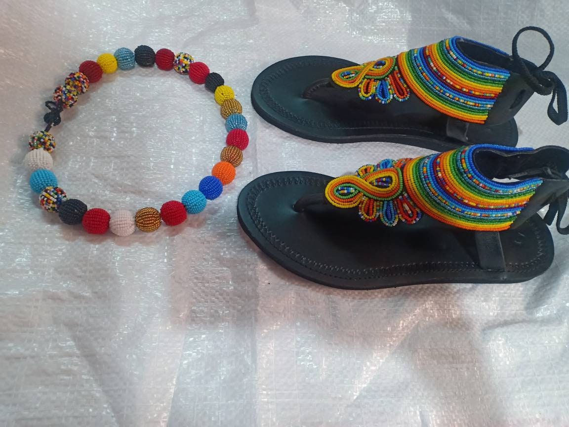 Handmade African Beaded Sandals/Authentic Maasai-Style Leather Flip-Flops Women/Boho Beach Sandals/Comfortable Summer Sandal African Gifts