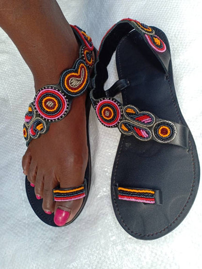 Handmade African Beaded Sandals/Authentic Maasai-Style Leather Flip-Flops Women/Boho Beach Sandals/Comfortable Summer Sandal African Gifts