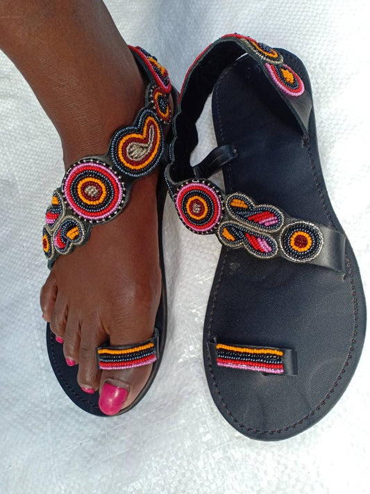 Handmade African Beaded Sandals/Authentic Maasai-Style Leather Flip-Flops Women/Boho Beach Sandals/Comfortable Summer Sandal African Gifts