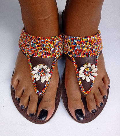Handmade African Beaded Sandals/Authentic Maasai-Style Leather Flip-Flops Women/Boho Beach Sandals/Comfortable Summer Sandal African Gifts