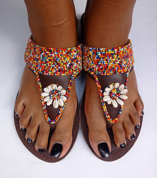 Handmade African Beaded Sandals/Authentic Maasai-Style Leather Flip-Flops Women/Boho Beach Sandals/Comfortable Summer Sandal African Gifts
