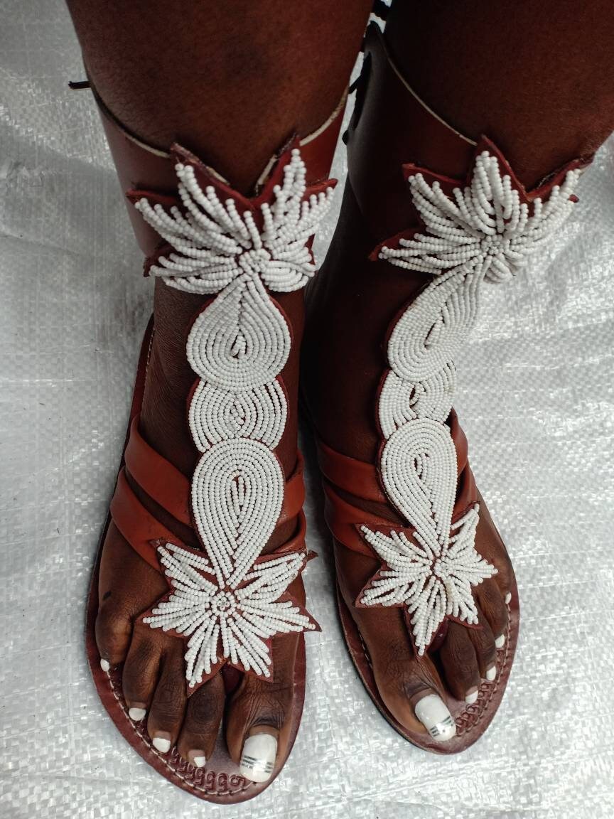 Handmade African Beaded Sandals/Authentic Maasai-Style Leather Flip-Flops Women/Boho Beach Sandals/Comfortable Summer Sandal African Gifts