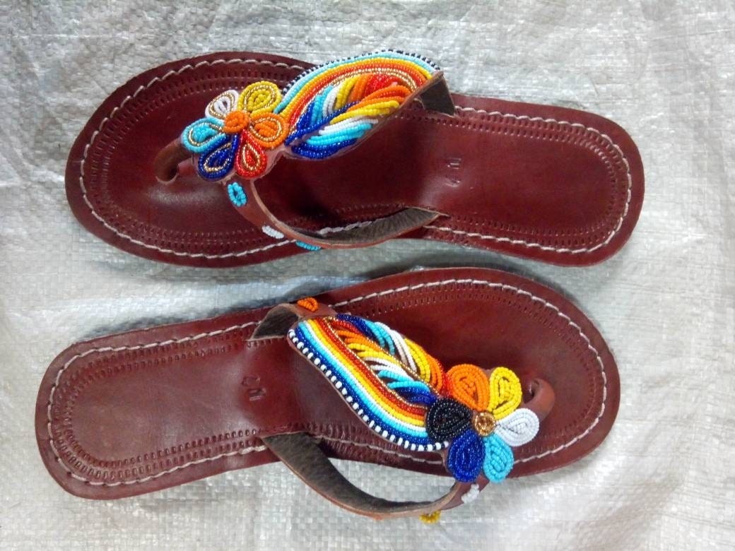Handmade African Beaded Sandals/Authentic Maasai-Style Leather Flip-Flops Women/Boho Beach Sandals/Comfortable Summer Sandal African Gifts