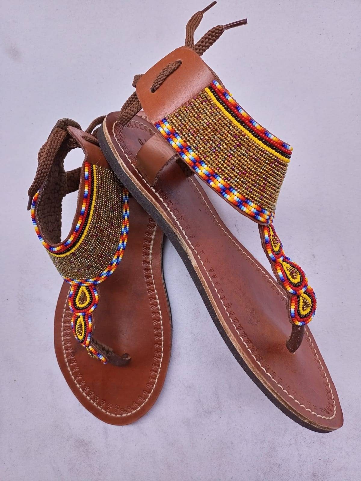 Handmade African Beaded Sandals/Authentic Maasai-Style Leather Flip-Flops Women/Boho Beach Sandals/Comfortable Summer Sandal African Gifts